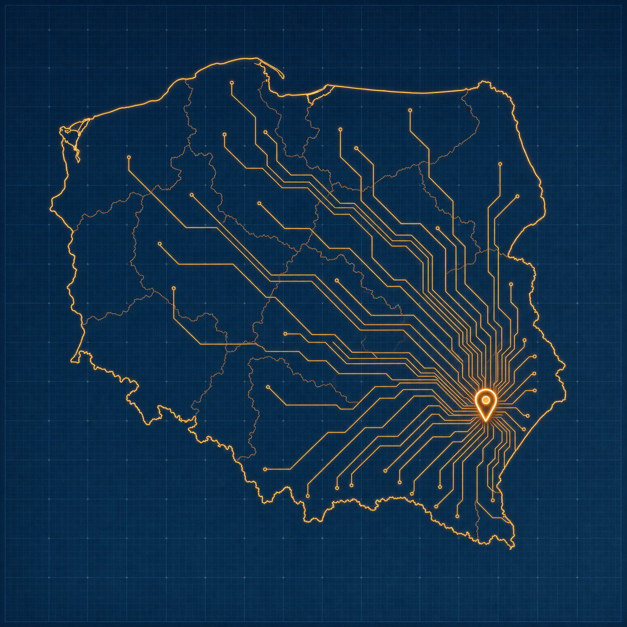 Mapa Polski z zaznaczonym obszarem działania serwisu mobilnego, baza w województwie lubelskim